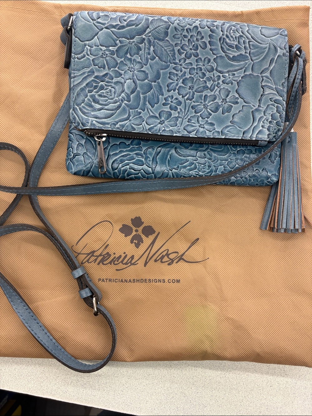 Patricia Nash Teal Floral Embossed Leather Crossbody with Tassel